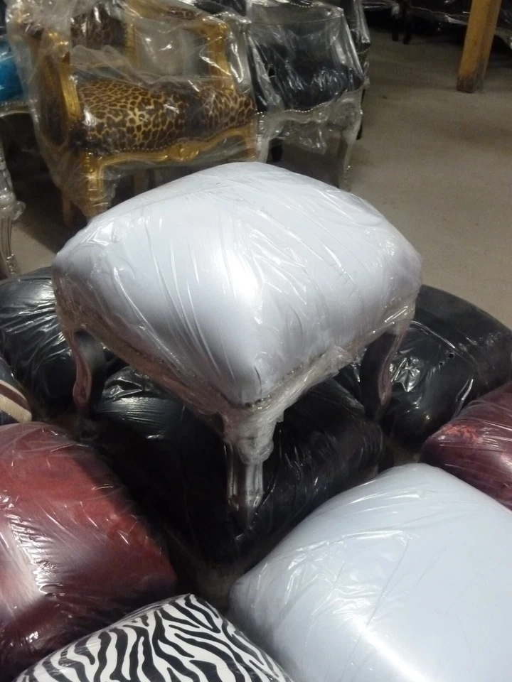 Barockhocker Hocker Fußhocker Weiß Silber Kunstleder Antik Luxus Fußschemel - Bild 1 von 1