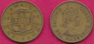 JAMAICA 1 PENNY 1958 XF ARMS WITHOUT SUPPORTERS,DIVIDE DATE,ELIZABETH II,CROWNED - Picture 1 of 1