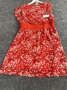 Halston Dress Women Large Red Midi Short Sleeve Abstract Tie Dye Swing 99$ N310 - Picture 1 of 10