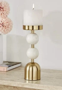 Pillar Candle Holder With Double Bobble Detail - Marble/brass - Picture 1 of 4