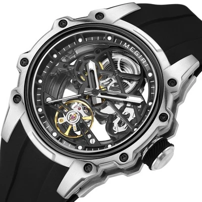 Reloj automático Megir 2243 esqueleto 43 mm caja de acero correa negra - vendedor del Reino Unido Foto 1 de 4