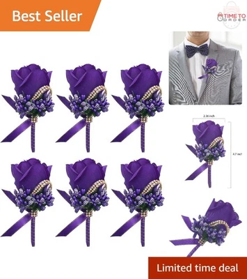 Purple Fabric Rose Boutonniere 6 Pack for Wedding Prom Party Groomsmen - Image 1 of 4