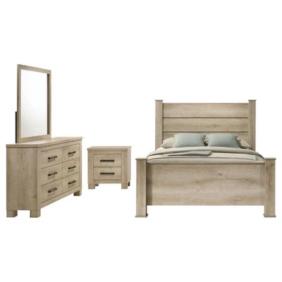 4 PC RUSTIC PLANKED WEATHERED OAK FINISH QUEEN BED DRESSER BEDROOM FURNITURE SET - Image 1 of 4