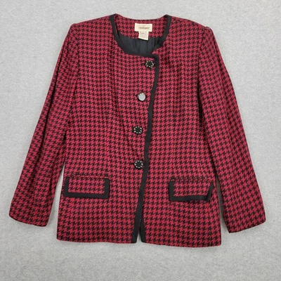 Blazer Worthington Mujer 12 De Colección Rojo Hecho en EE. UU. Pata de Gallo Botón Manga Larga Foto 1 de 4