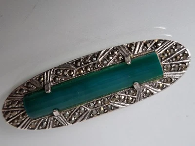 Bellissima Spilla In Argento 925 Con Giada Verde E Marcasite - Immagine 1 di 4