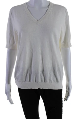 Minnie Rose Womens Cotton Blend White V-Neck Short Sleeve Sweater Top Size L - Image 1 of 4
