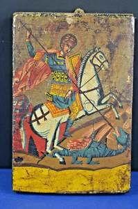 Antique 19th Century Hand Painted Russian Icon George Dragon, Wood Panel, c1850 - Picture 1 of 8