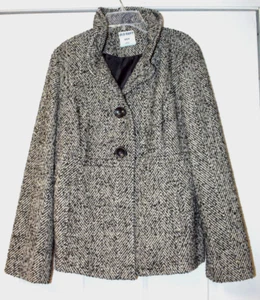 Old Navy Womens Tweed Pea Coat M Black White Gold Ruffle Collar Herringbone - Picture 1 of 10
