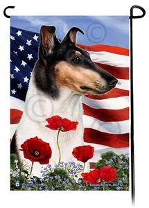 Patriotic Flowers Garden Flag - Smooth Tri Merle Collie - Picture 1 of 1