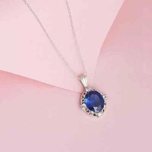 2.00Ct Oval Cut Lab Created Blue Sapphire Women's Pendant 14K White Gold Plated - Picture 1 of 3