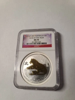 Australia 2010P S$1 Luna Year of The Tiger 1oz Silver Gilt Coin NGC MS70 Perfect - Image 1 of 4