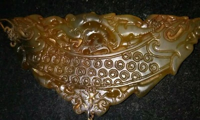 Изящный, старинный, китайский нефрит двойной дракон головы амулет, подвеска h/резьба.3 «x 2» - Изображение 1 из 4