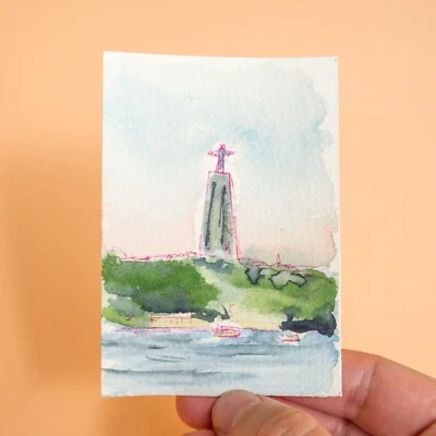 ACEO acuarela original de Lisboa vista al río en Santuario de Cristo Rey Foto 1 de 4