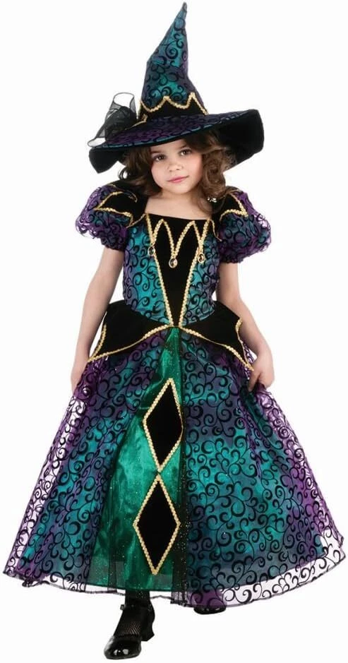 Radiant Witch Girls Costume, Purple, Green, Black Lace, Dress Hat, Large - Image 1 of 1