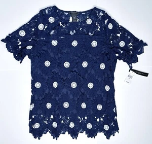 Camicia blu navy stile uncinetto floreale Petite Large Fairy Core Boho Flower Power - Foto 1 di 4