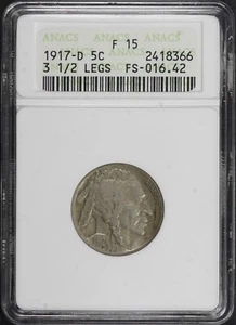 1917-D Buffalo Nickel 5c '3 1/2 Legs' (FS-901) ANACS F15 Soapbox Holder [BN366] - Picture 1 of 4
