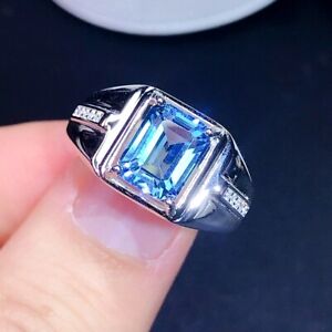 Men's Wedding Engagement Ring 3ct Emerald Cut Blue Topaz Diamond Sterling Silver