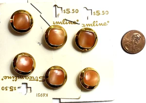 6 pc Buttons Vintage Streamline  11/16"   Pinkish /Peach & Gold Gemstone New - Picture 1 of 2