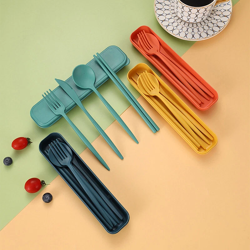 Kitchen Spoon Fork Chopsticks Cutlery 4PCS Wheat Straw Tableware Box Dinnerw - Image 1 of 4