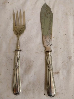 Couverts De Service À Poisson Manches Argent Fourré - Photo 1/3