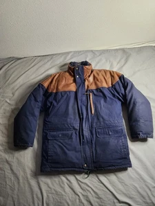 Vintage 70s Eddie Bauer Goose Down Barn Coat Mens Large Navy Blue Leather Trim - Picture 1 of 10