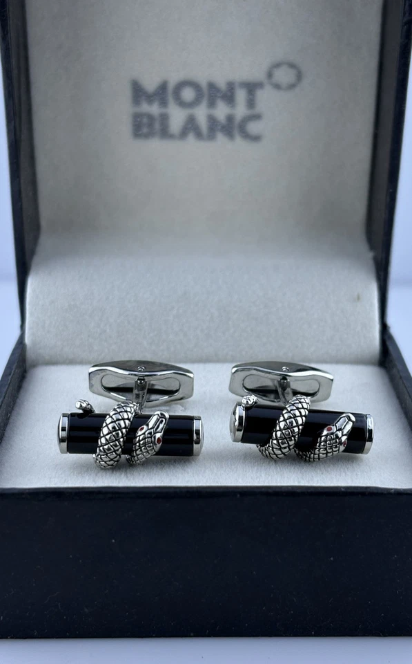 Juego de gemelos Montblanc serpiente para hombre esmalte negro plata ojos rojos lujo en caja Foto 1 de 4