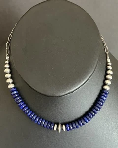 Collana di perle in argento sterling con perle di lapislazzuli graduate. 16 pollici. Regalo - Foto 1 di 7