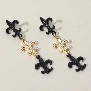 NEW Fleur-de-Lis Drop Earrings Black Gold Dangle Gothic Medieval Style Jewelry - Picture 1 of 1