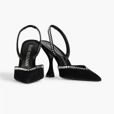 STUART WEITZMAN Gem Cut Crystal Embellished Black Suede Slingback Pumps Size 6.5 - Image 1 of 4
