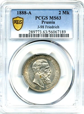 1888-A Prussia German States 2 Marks - Choice Uncirculated, PCGS MS63 Foto 1 de 2