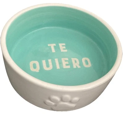 Dog Bowl Turquoise And White Spanish I Love You: Te Quiero Ceramic Dish - Image 1 of 4