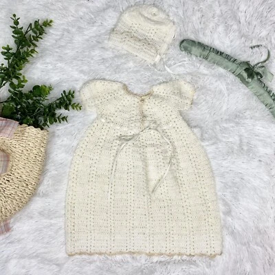 vintage handmade cream ivory crochet newborn christening dress bonnet - Image 1 of 4