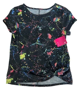 SO Active Girls Short Sleeve Shirt Twist Front Black Paint Splatter New 14 - Picture 1 of 5