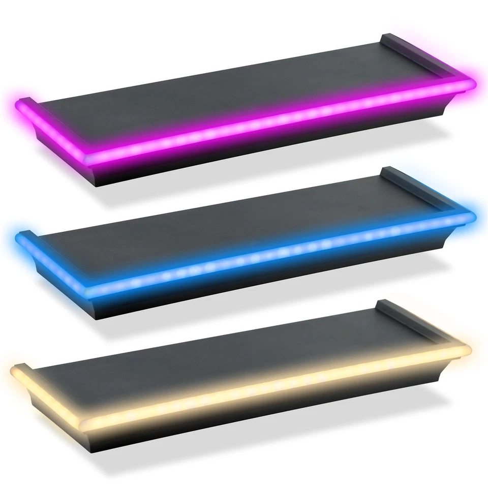 Black Floating Shelves LED Neon Light Wall Mounted Gaming Bedroom Lounge Display - Image 1 of 1