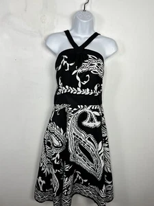 White House Black Market Sun Dress Sz 12 Black White Large Floral Print New - Picture 1 of 9