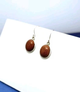 Sterling Silver Goldstone Oval Cabochon Earrings Dangle Drop Hook Copper Sparkle - Picture 1 of 6