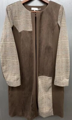 Women Duster Coat 12 Brown Faux Suede Plaid Patchwork Open Jacket Preppy Chic - Image 1 of 4
