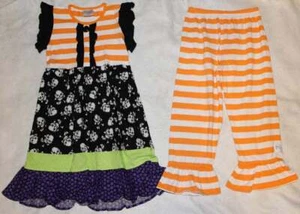 Momi Boutique Custom Resell Girl's Halloween Fun Skull Dress Orange Capris Sz 8 - Picture 1 of 1