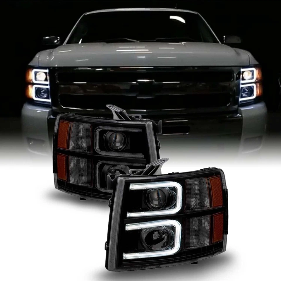 Fits 2007-2013 Chevy Silverado 1500 2500HD Black Smoke LED Projector Headlights - Image 1 of 4