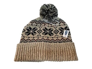 Unisex Old Navy Tan Beanie Pom Pom Hat Snowflake Winter Theme - Picture 1 of 3