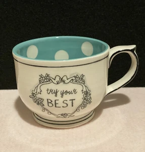 Katie Mandy Mug Try Your Best Coffee Mug Tea Cup White Black Turquoise Polka Dot - Picture 1 of 12