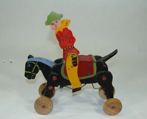 VINTAGE 1930er SELTENER JAPAN HOLZ COWBOY ZUM AUFZIEHEN MIT BOCKPFERD - Bild 1 von 5