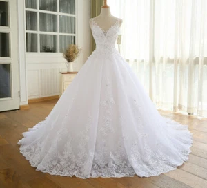 Vestido de novia vintage talla grande cuello en V sin mangas de encaje aplique línea A - Imagen 1 de 9