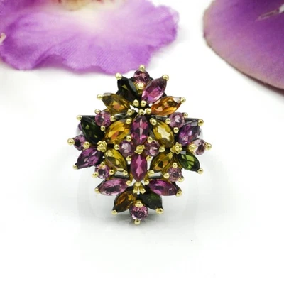 Anello a grappolo in argento sterling 925 con tormalina multicolore regalo... - Immagine 1 di 4