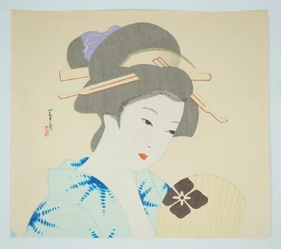 Xilografia giapponese a colori ristampa - donna con ventaglio - dal... - Immagine 1 di 4