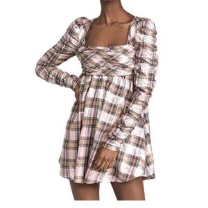 SAYLOR Yulia Babydoll Kleid Metallic Kariert Langarm Rüschen Mini Größe M - Bild 1 von 12