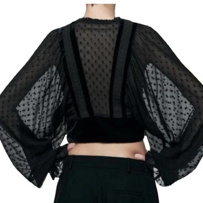NUEVO CON ETIQUETAS ZARA | TALLA XS | Blusa Top Negra Recortada Terciopelo Punteado Adornada Transparente  Foto 1 de 4