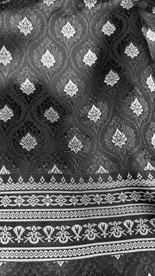 Black Silver Thai-Laos Silk Damask Traditional Fabric BTY Formal Skirts Dress - Image 1 of 4