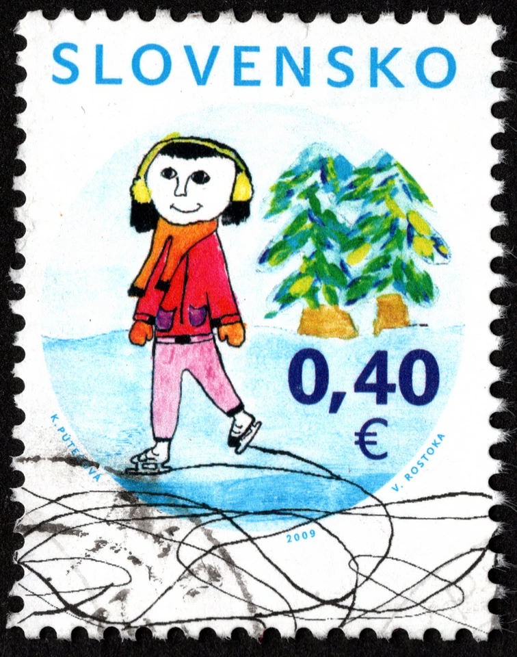 Slovakia Stamp Scott #582 Used F-VF - 40 Cents Christmas 2009 Issue Ice Skating - Image 1 of 1