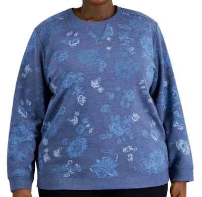 Karen Scott Size 1X Denim Blue floral print Sweatshirt, long sleeve NWT - Image 1 of 3